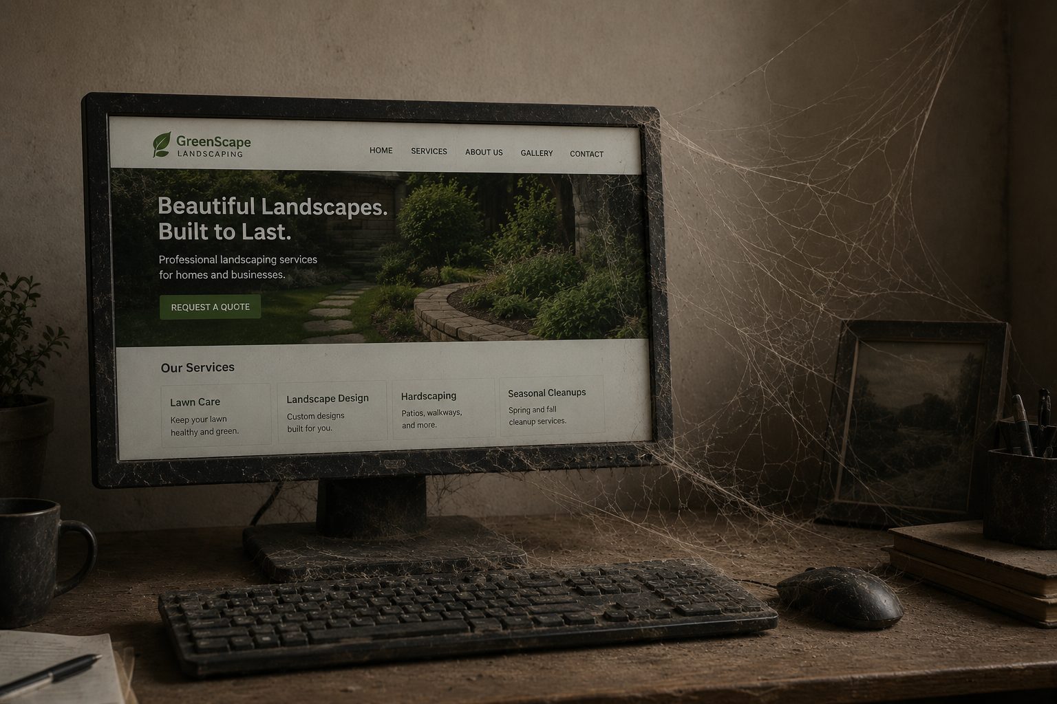 A desktop monitor displaying a small business website, covered in dust and cobwebs, illustrating a neglected, unmaintained website.