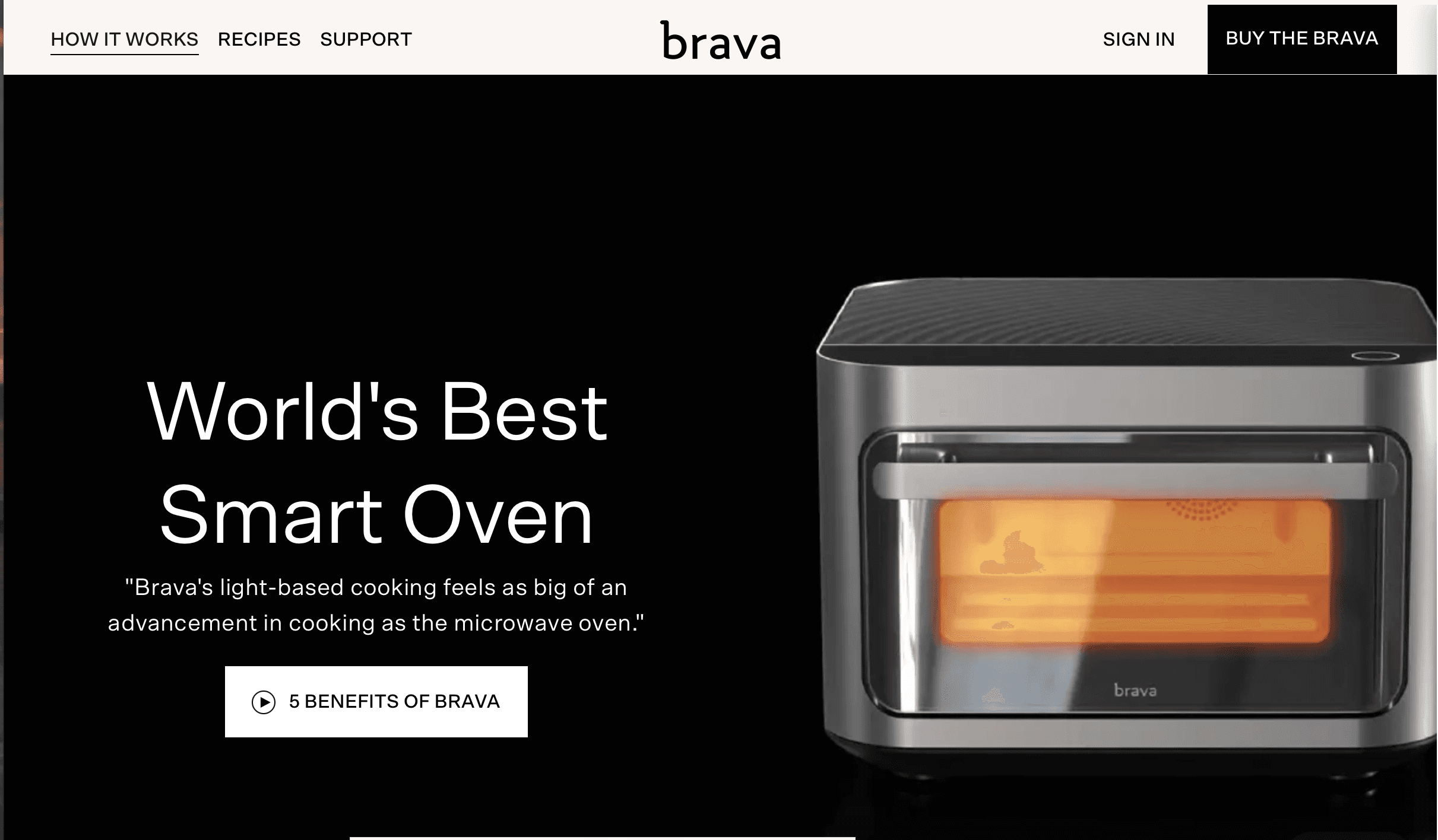 Brava Smart Oven product page showing zone cooking features