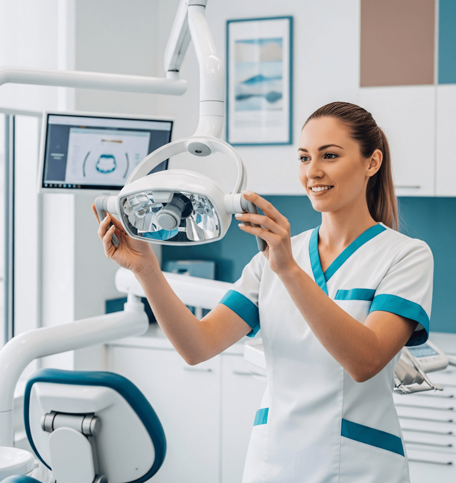 Dental professional adjusting overhead light in modern clinic with digital chart and teal chair.