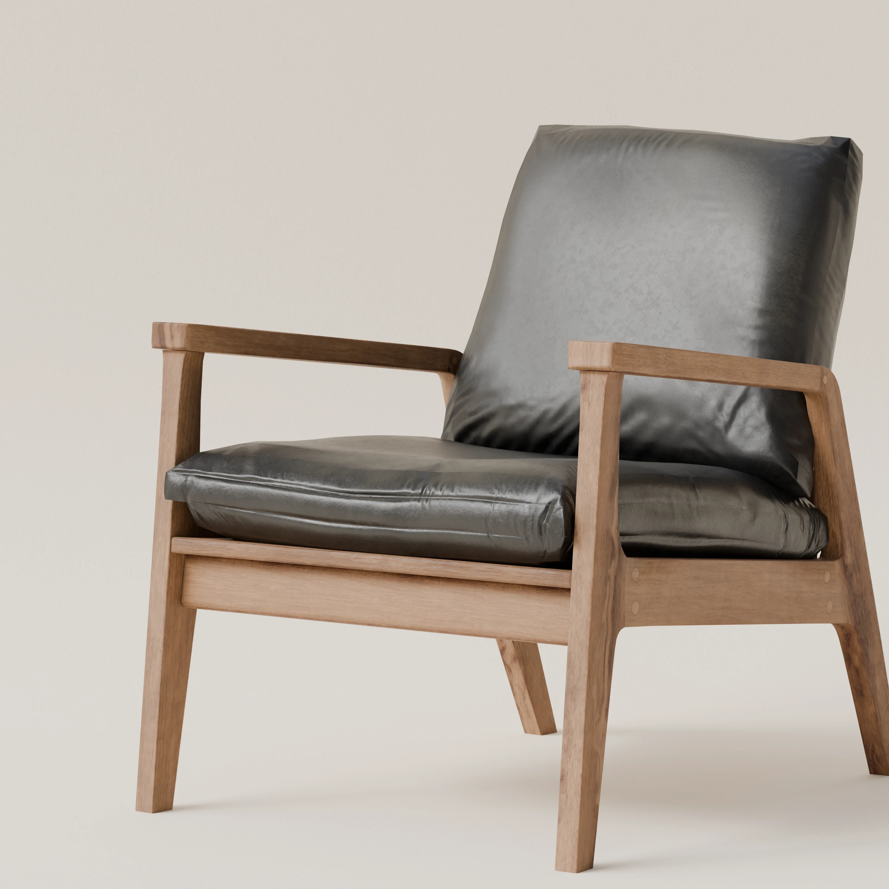 Rendu 3D d'une paire de fauteuils modernes du milieu du siècle avec un cadre en bois teinté foncé et des coussins en cuir noir.