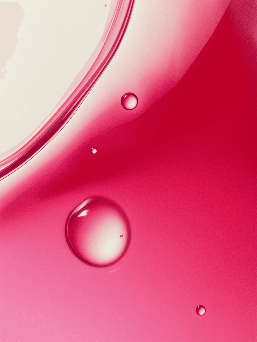 Close-up of pink liquid with bubbles, showcasing a smooth texture. The gradient of pink hues and reflections create a calm and soothing feel.