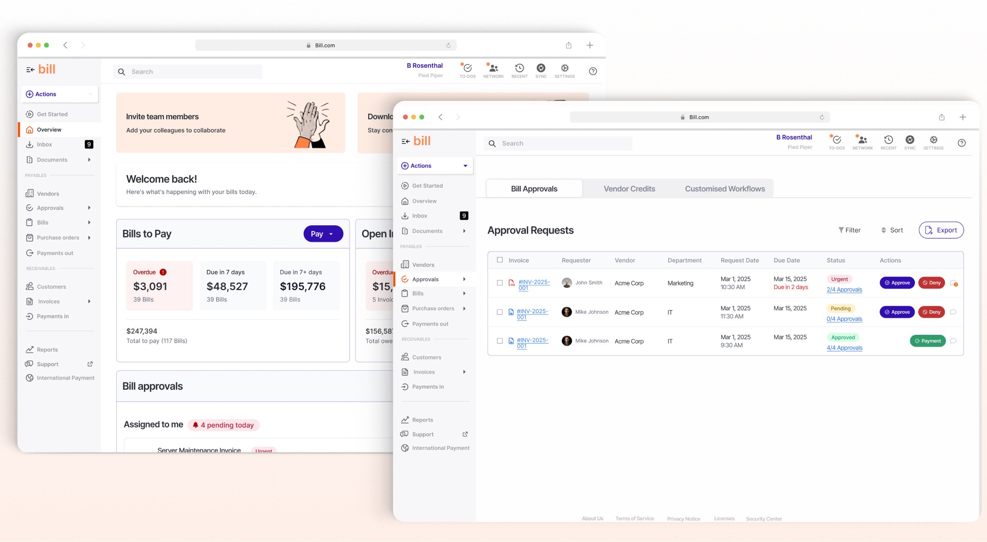BILL dashboard and approval requests interface