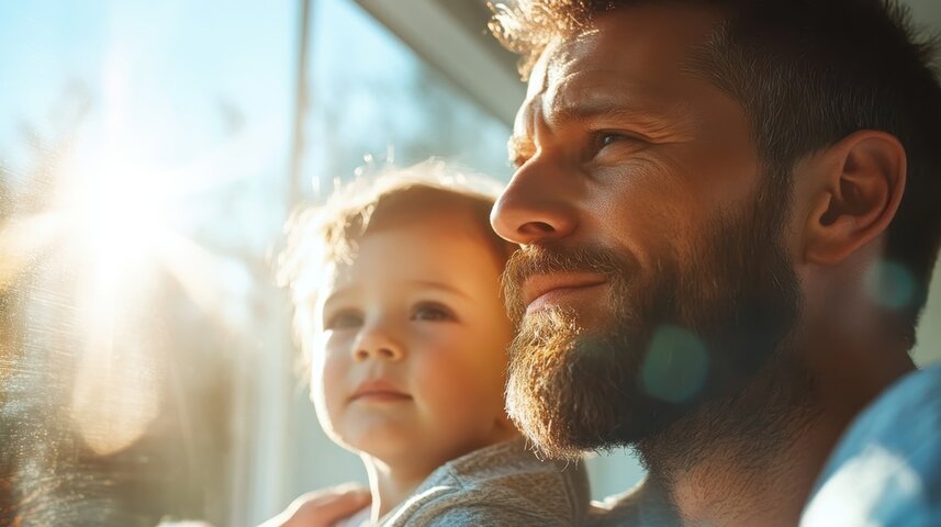 A vibrant image of a father and his infant son.