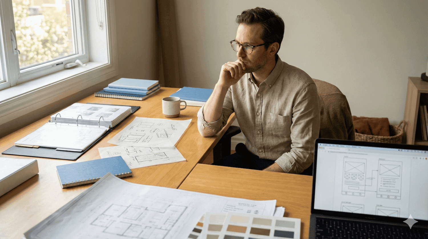 Designer on a desk looking confused