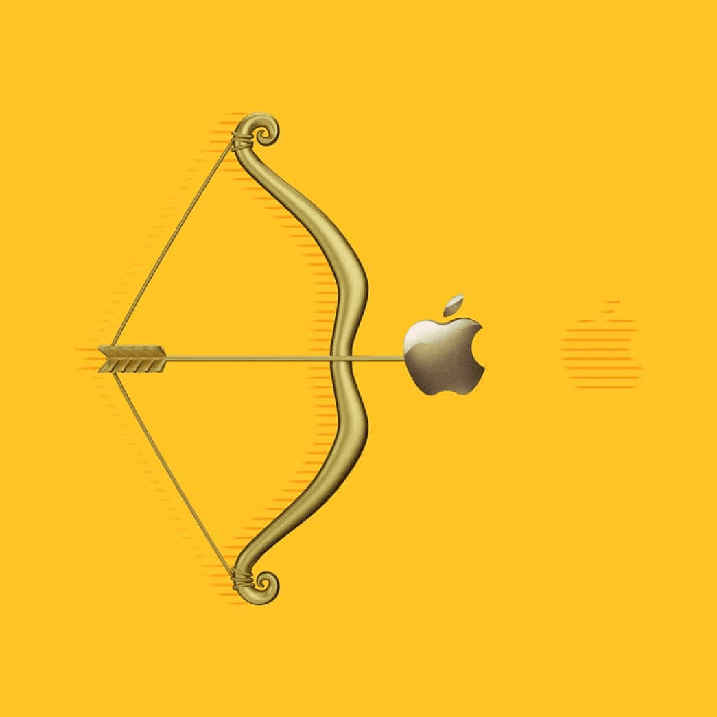 Arco dorado disparando flecha con el logo de Apple en fondo amarillo.