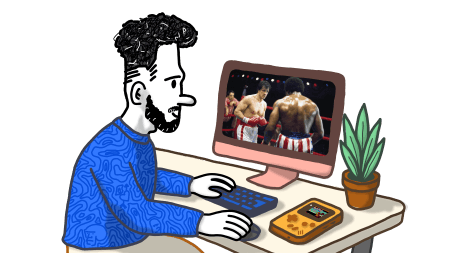 Caricature d’Ilies Manata, designer UX UI, regardant Rocky 1 à son bureau avec Game Boy et plante