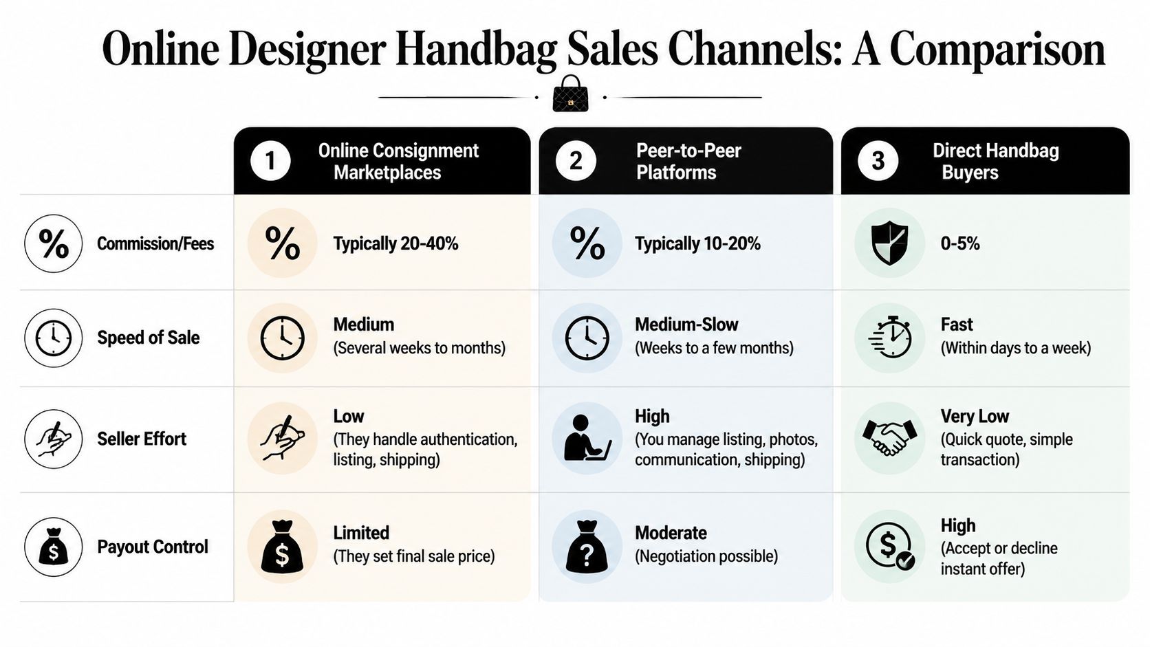 A comparison chart outlining three online channels for selling designer handbags, highlighting fees, speed, effort, and control.
