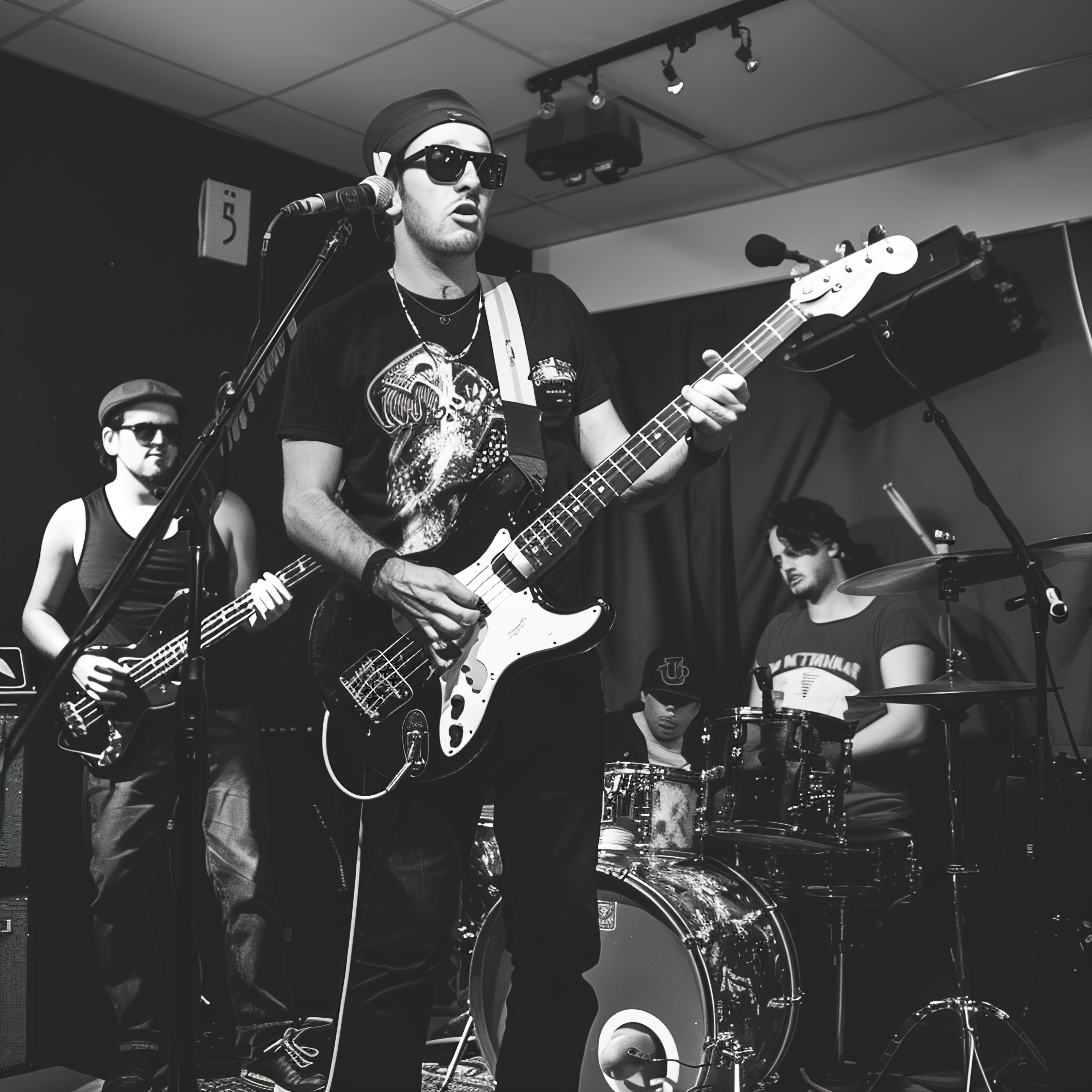 Black and white photo of a guitarist performing on stage.