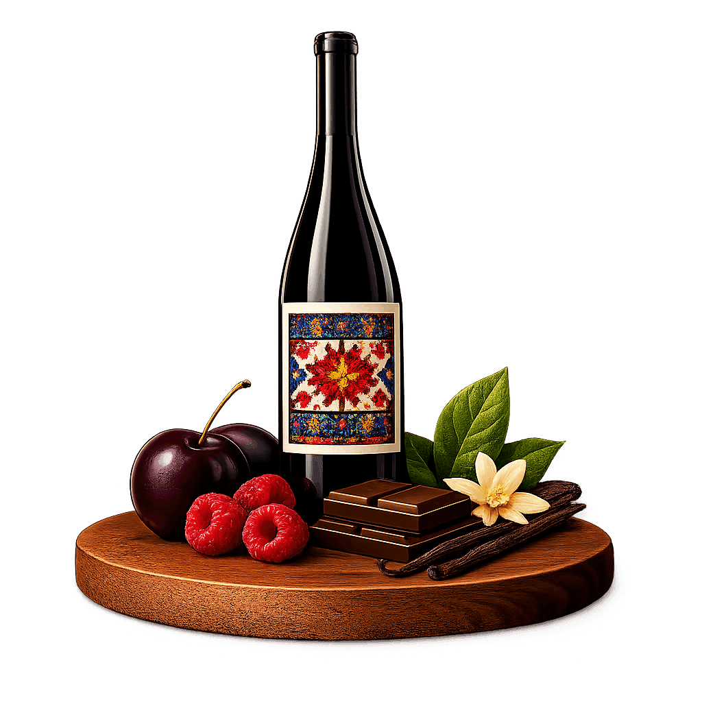 Artistic label and flavor profile for Moldovan Merlot on a rustic wooden table.