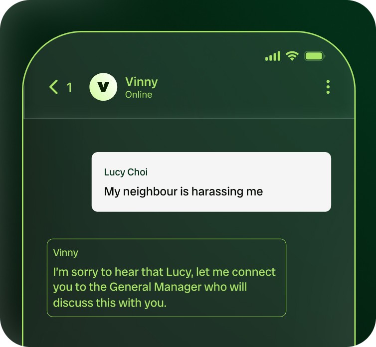 Chat interface showing a message from Lucy Choi saying, ‘My neighbour is harassing me.’ Vinny replies, ‘I’m sorry to hear that Lucy, let me connect you to the General Manager who will discuss this with you.’ A black banner at the bottom reads ‘Escalated to Team’ with an escalation icon, set against a green-to-peach gradient background.