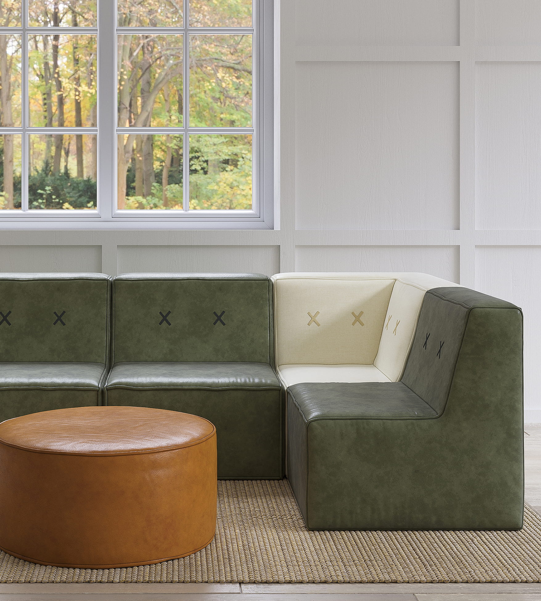 Living room 3D render with modular corner sofa, round leather ottoman, and window lighting