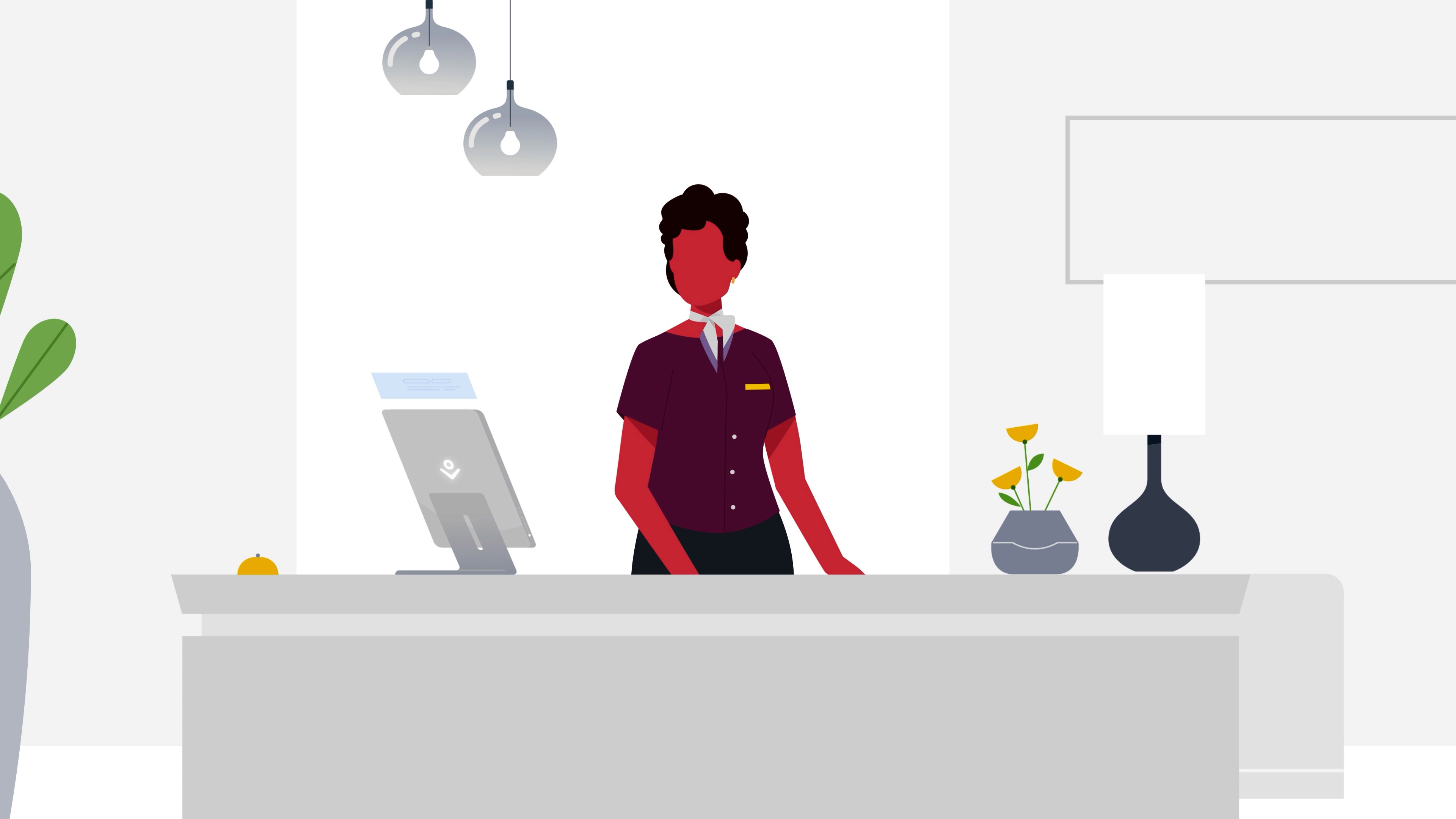 A screenshot from a training video showing a receptionist in a hotel