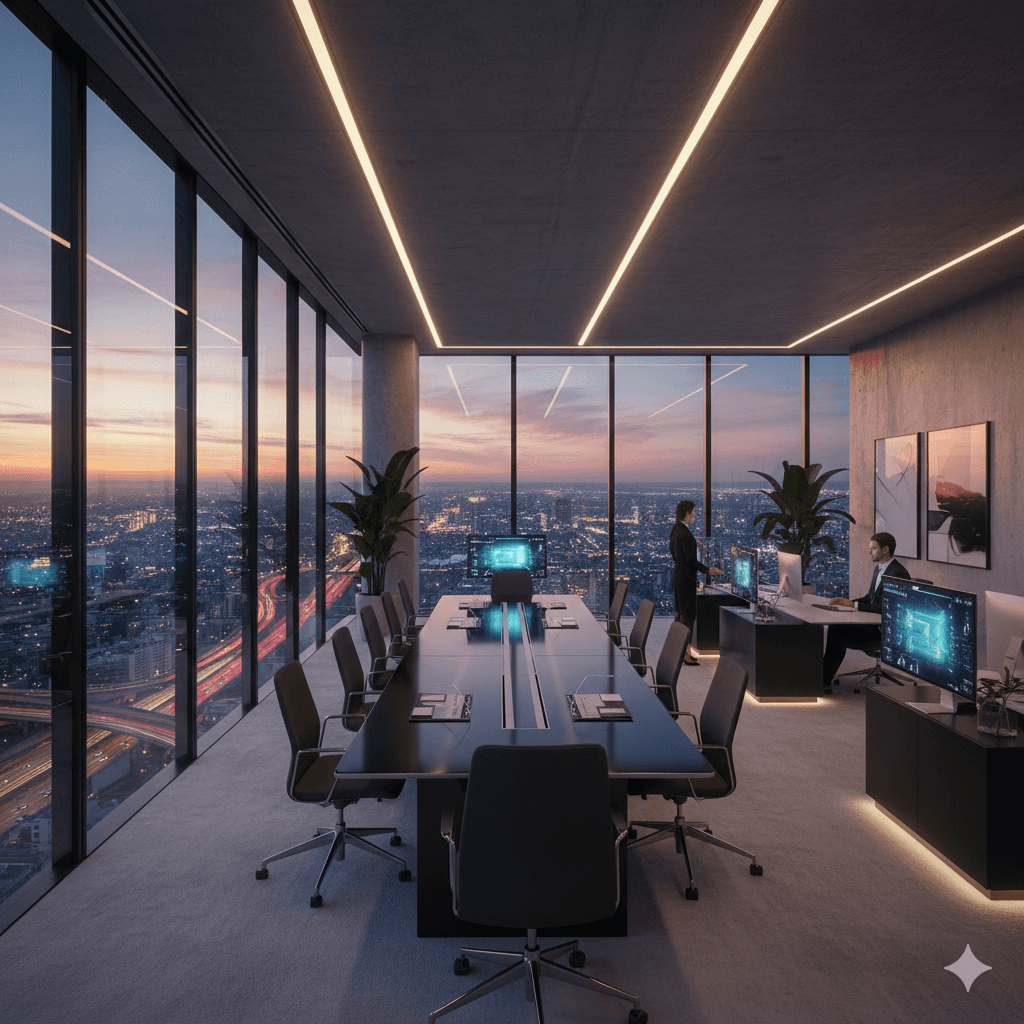 Contemporary corporate office interior in Sector 25 MG Road with panoramic Gurugram skyline views