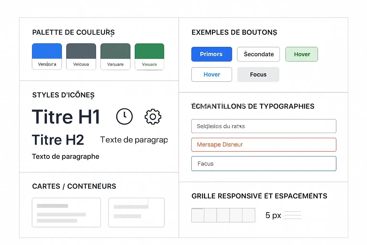 Moodboard identité visuelle minimaliste (palette, boutons, icônes, typos, composants)