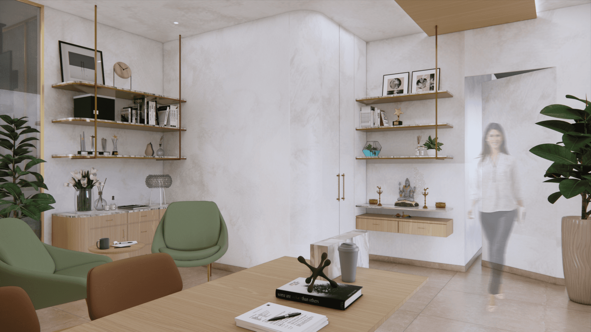 Futura + JHMC, P. Velur – Office cabin with informal seating and open shelving, designed by Rooted Narratives, Bengaluru.