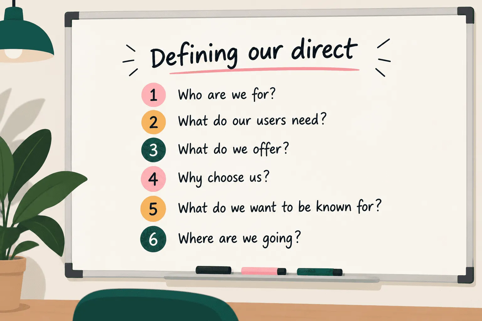A whiteboard showing ideas of how to define a strategic direction