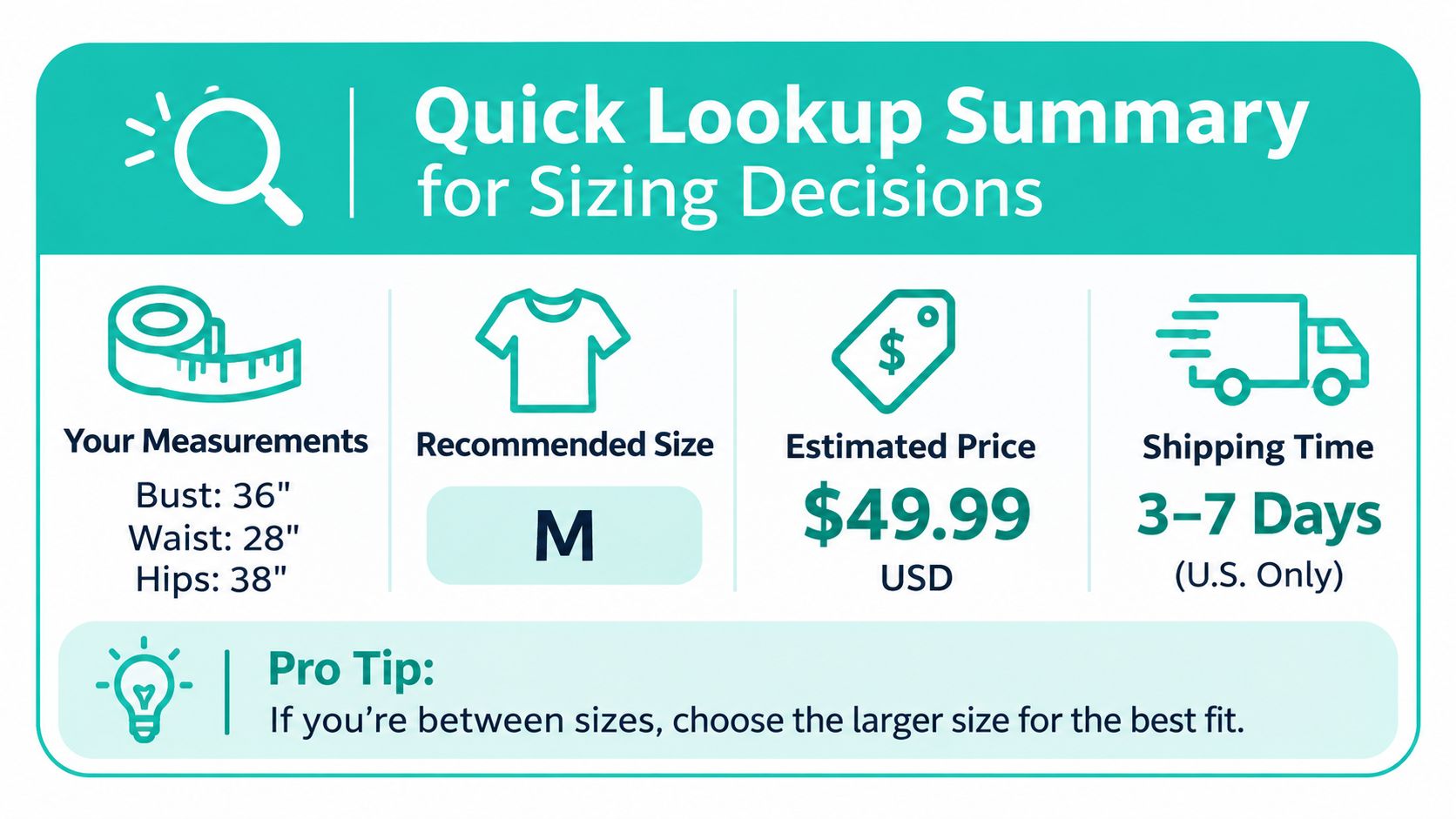 A sizing chart infographic showing bust, waist, and hip measurements, recommended size, price, and shipping details.