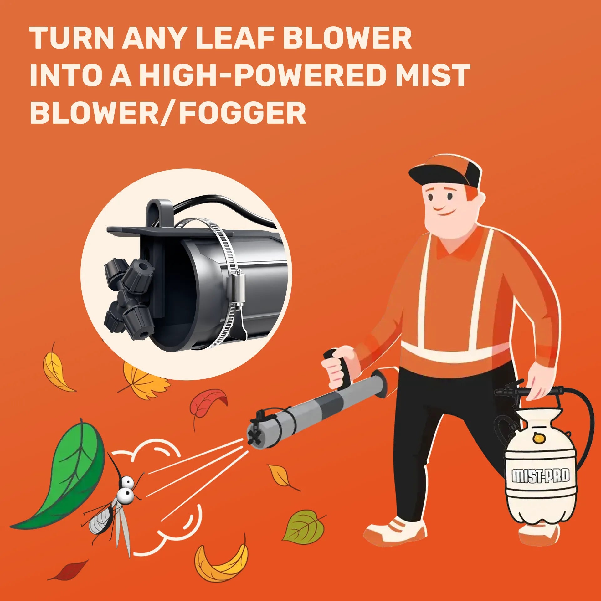 Illustration of a person using a leaf blower to turn it into a high-powered mist blower/fogger on an orange background.