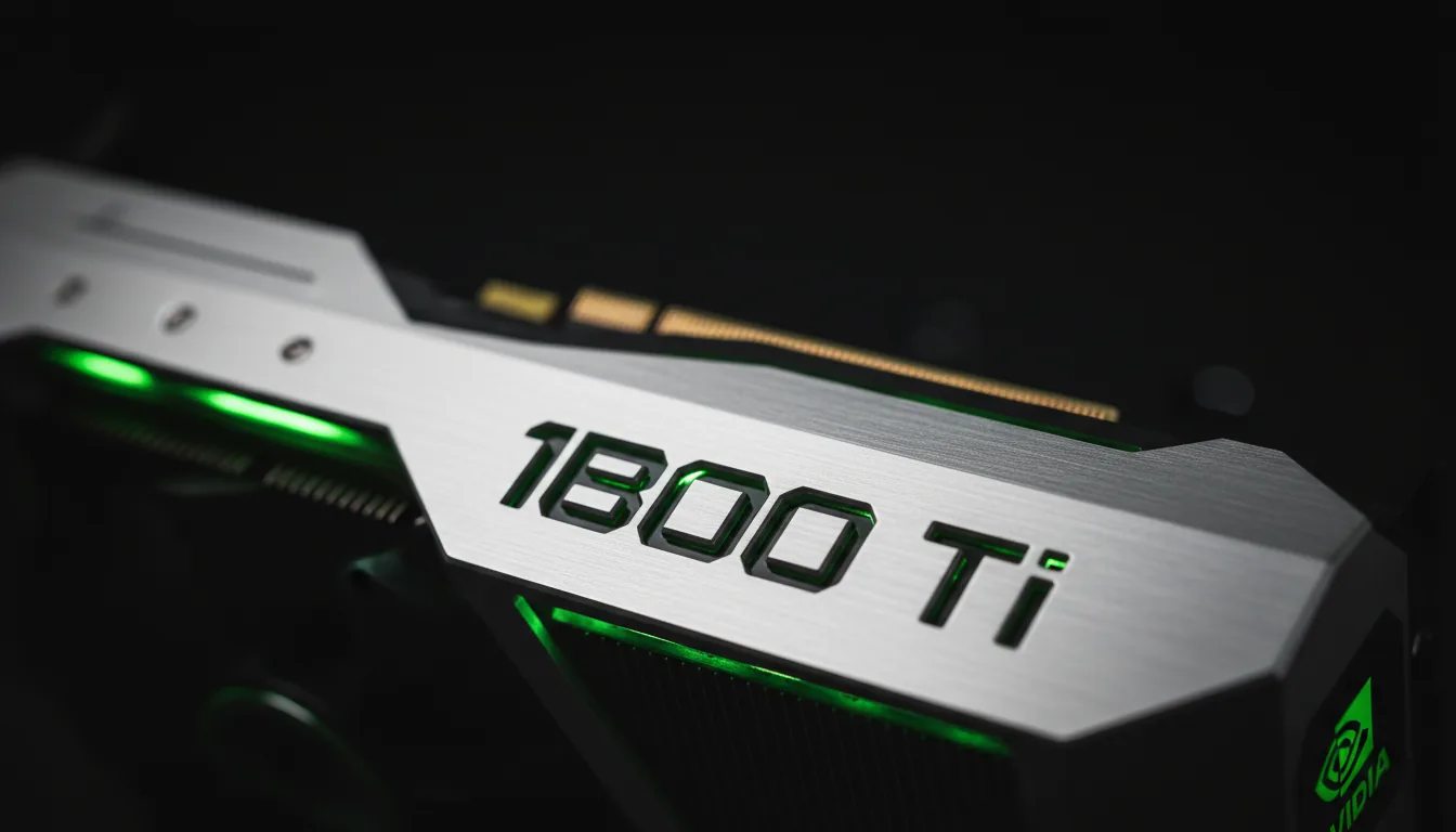 Macro DSLR photograph of the NVIDIA GeForce GTX 1080 Ti graphics card, low-angle perspective. The focus is sharp on the cut-out "1080 Ti" text on the faceted, silver brushed-metal shroud. Cinematic contrast from soft studio lighting highlights the angular design and metallic texture. The background is pure black, with an extremely shallow depth of field creating a smooth bokeh effect.