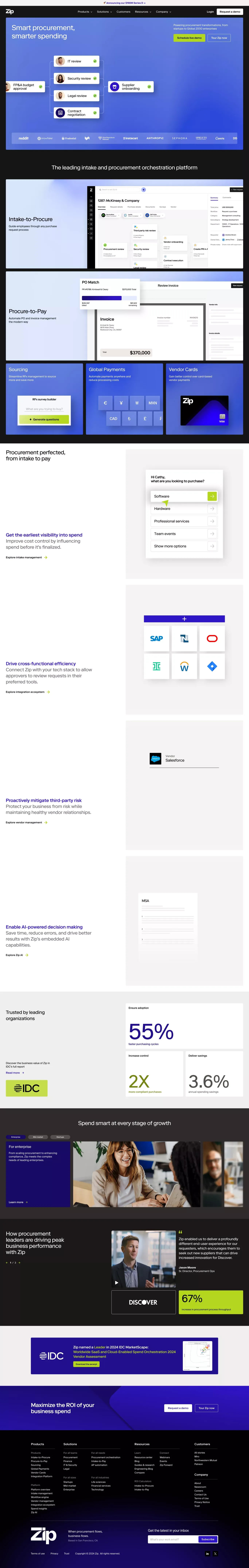 Smart procurement starts with Zip landing page screenshot showcasing Finance and Tech design