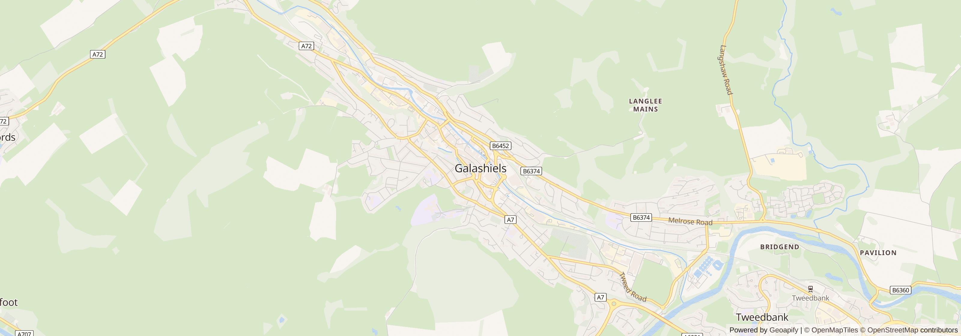 Street map of Galashiels, Scottish Borders showing main roads and nearby areas