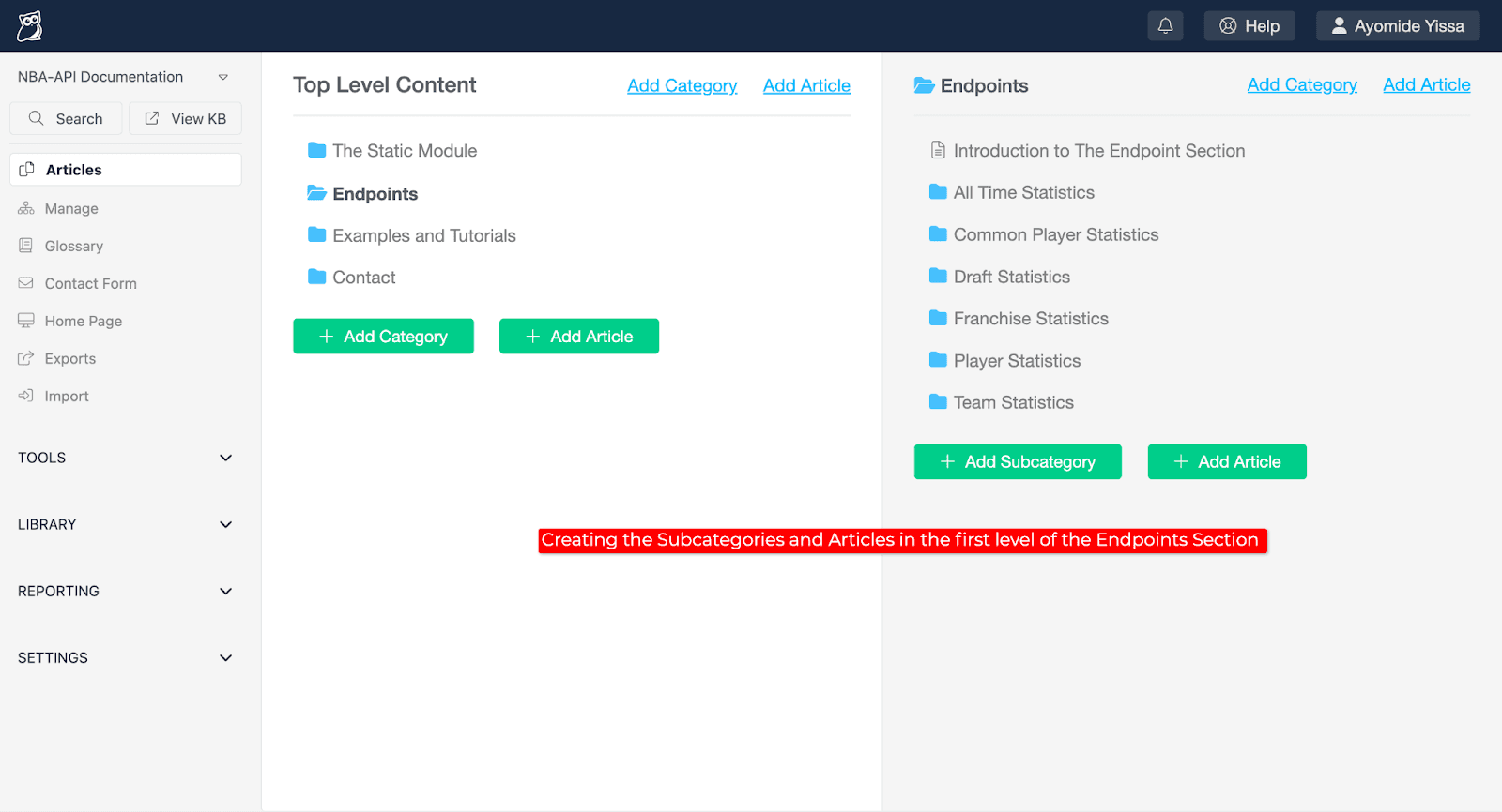 A screenshot showing one article and six subcategories in the "Endpoints" category.