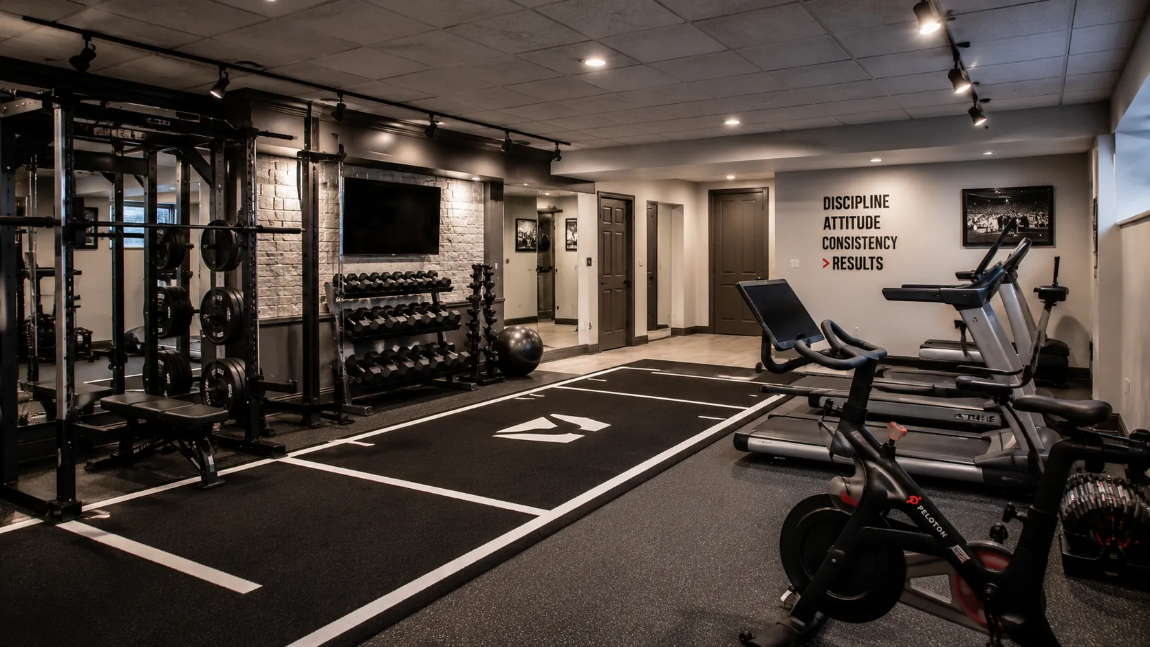 Professional home gym basement featuring dumbbell rack, cardio equipment, motivational wall signage, stone accent wall, treadmill and exercise bike with black fitness equipment on dark flooring.