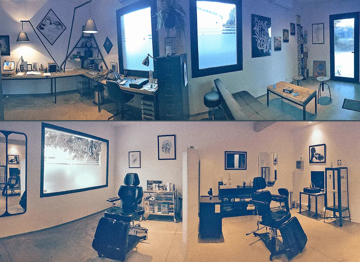 Intérieur du studio Grinoir : espace dessin et salle de tatouage