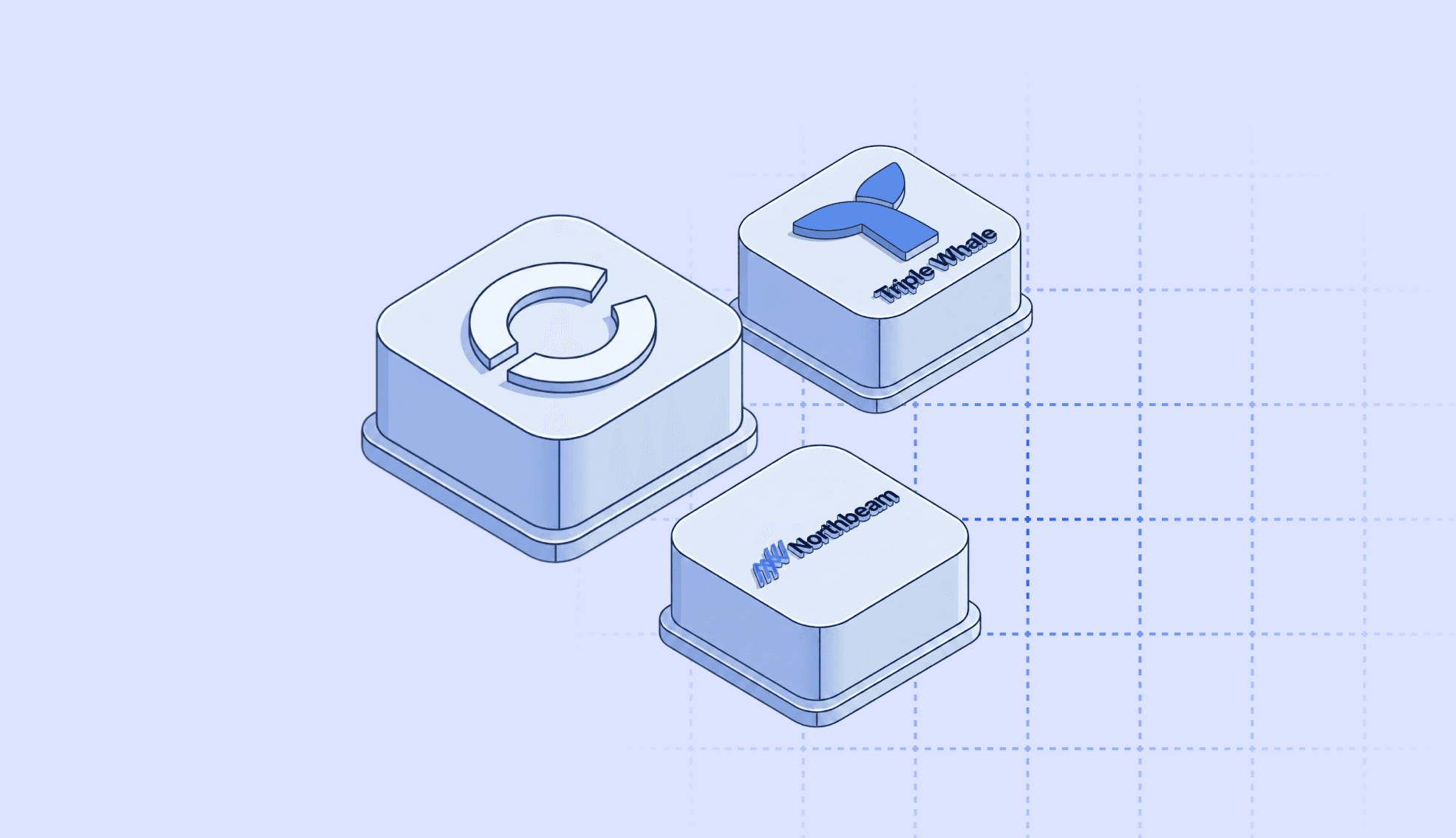 Isometric illustration comparing three Shopify analytics tools: the Cifra logo, Triple Whale, and Northbeam, shown as 3D blocks on a light blue grid background.