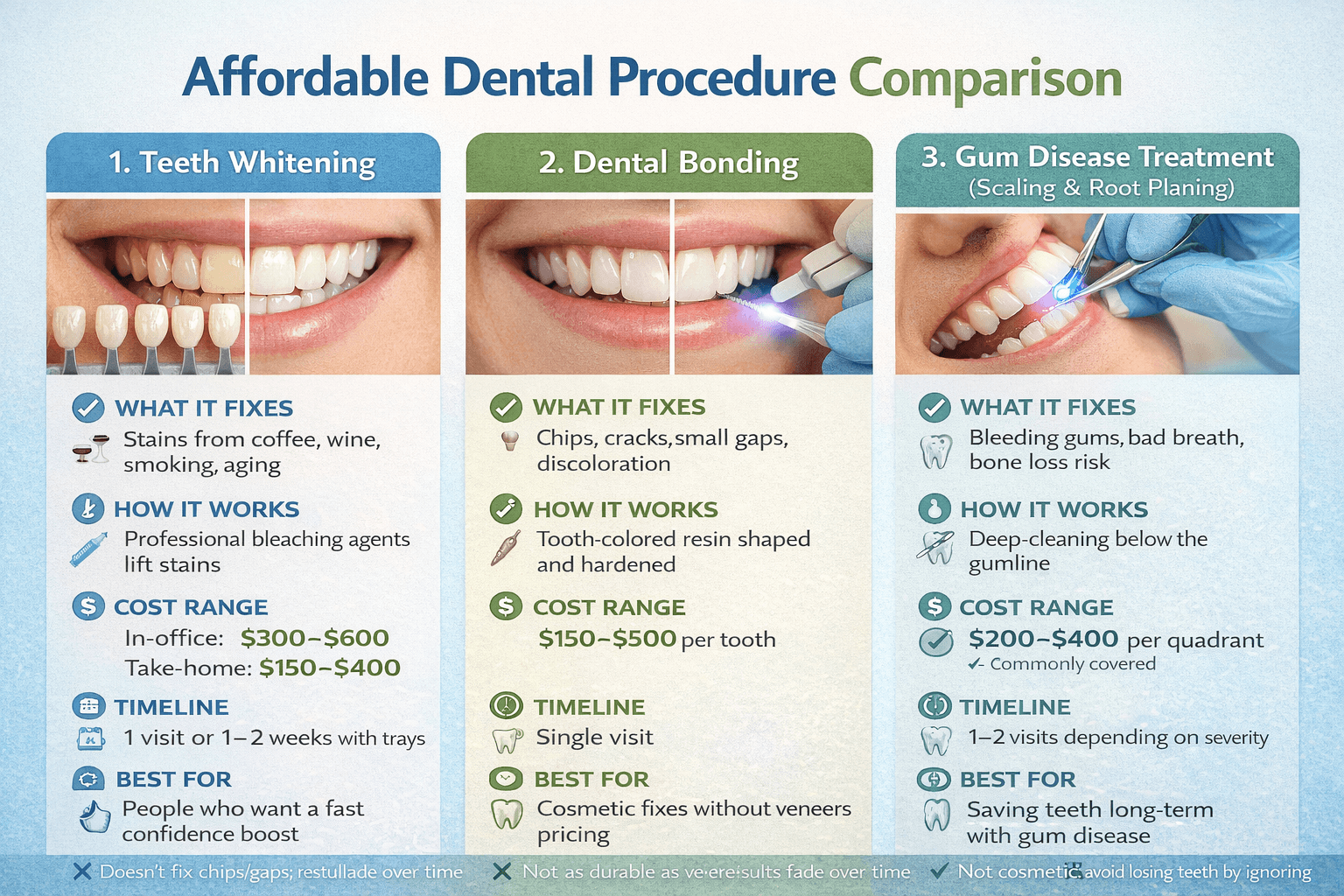 comparison of affordable dental procedures teeth whitening bonding and gum disease treatment