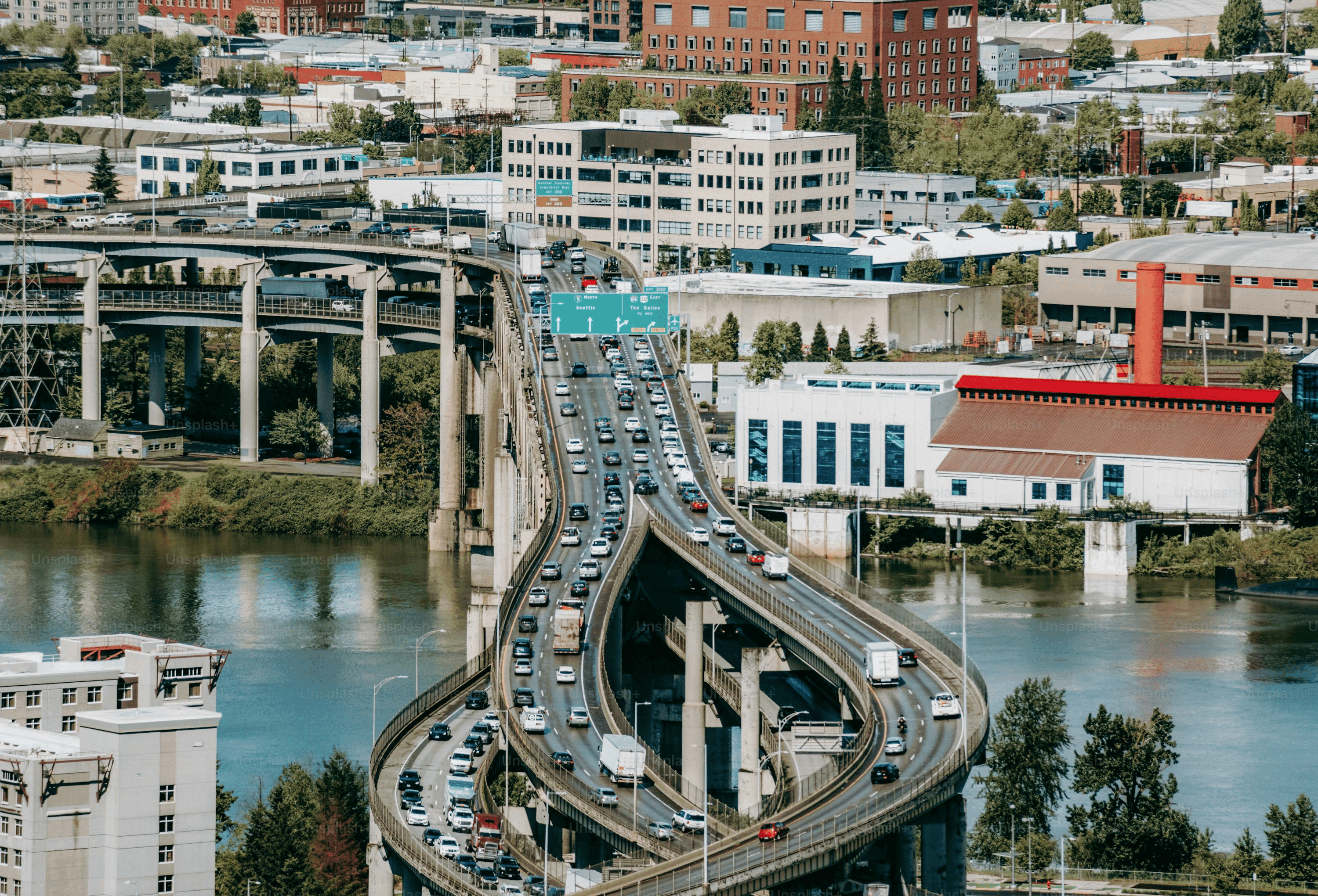 Aerial photo of a congested multi-lane elevated highway