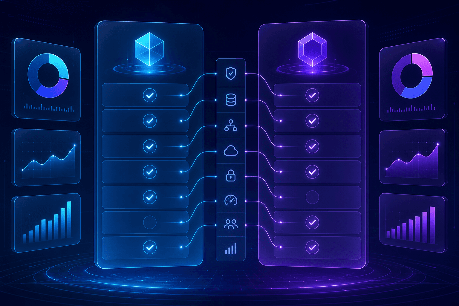 A sleek, modern data visualization dashboard showing side-by-side comparison panels for enterprise software tools, with glowing checkmarks and metrics displayed on floating holographic cards, connected by clean lines indicating feature coverage, blue and purple gradient color scheme, minimal abstract corporate technology aesthetic, no text or labels