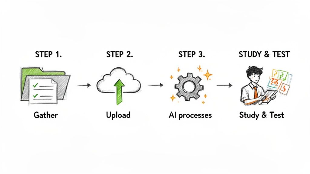 A four-step diagram illustrating an AI-powered learning process: gather, upload, AI processes, and study & test.