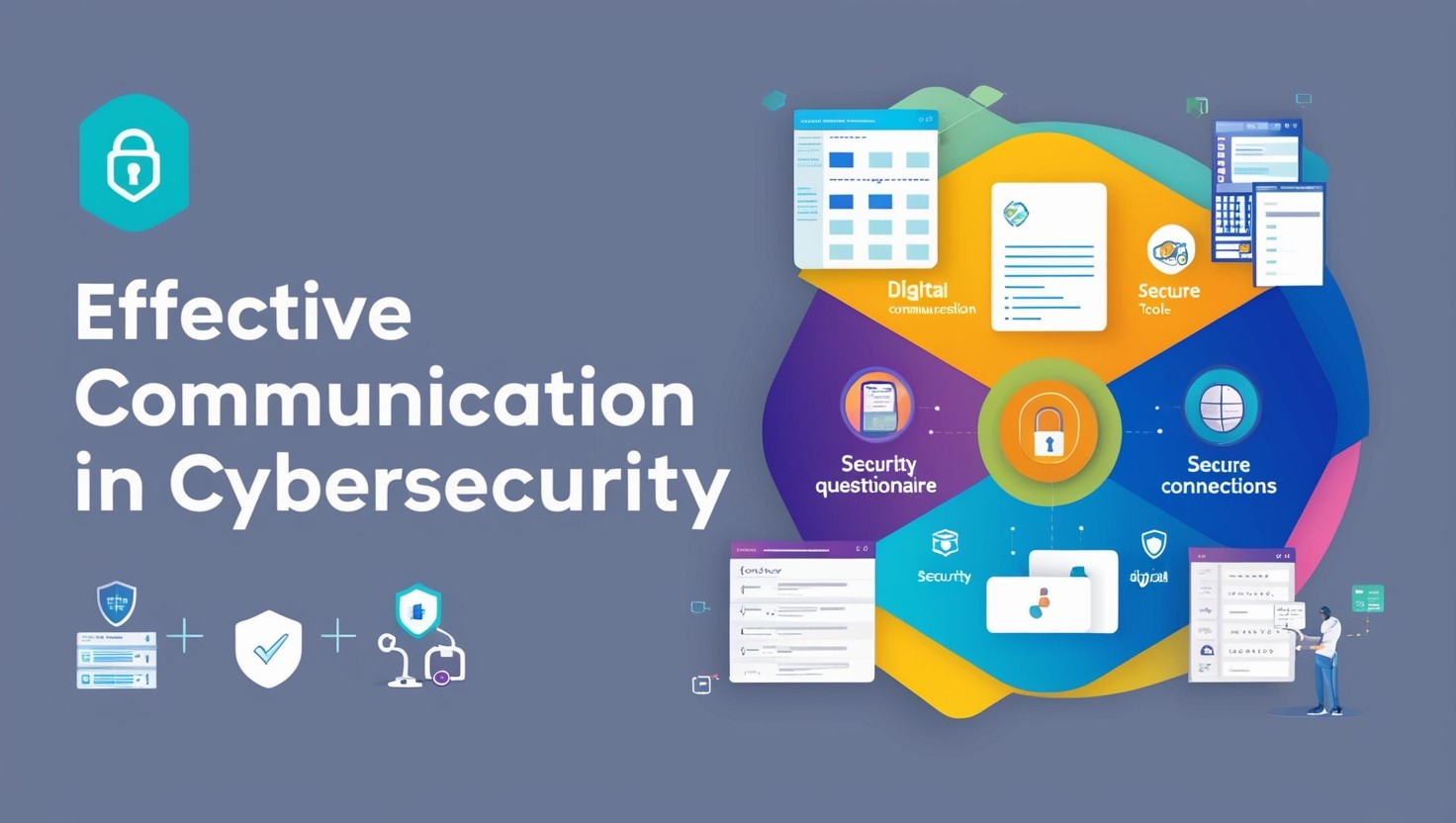 Illustration showing effective communication in cybersecurity with icons of security questionnaires, digital tools, and secure connections in a modern, organized layout.