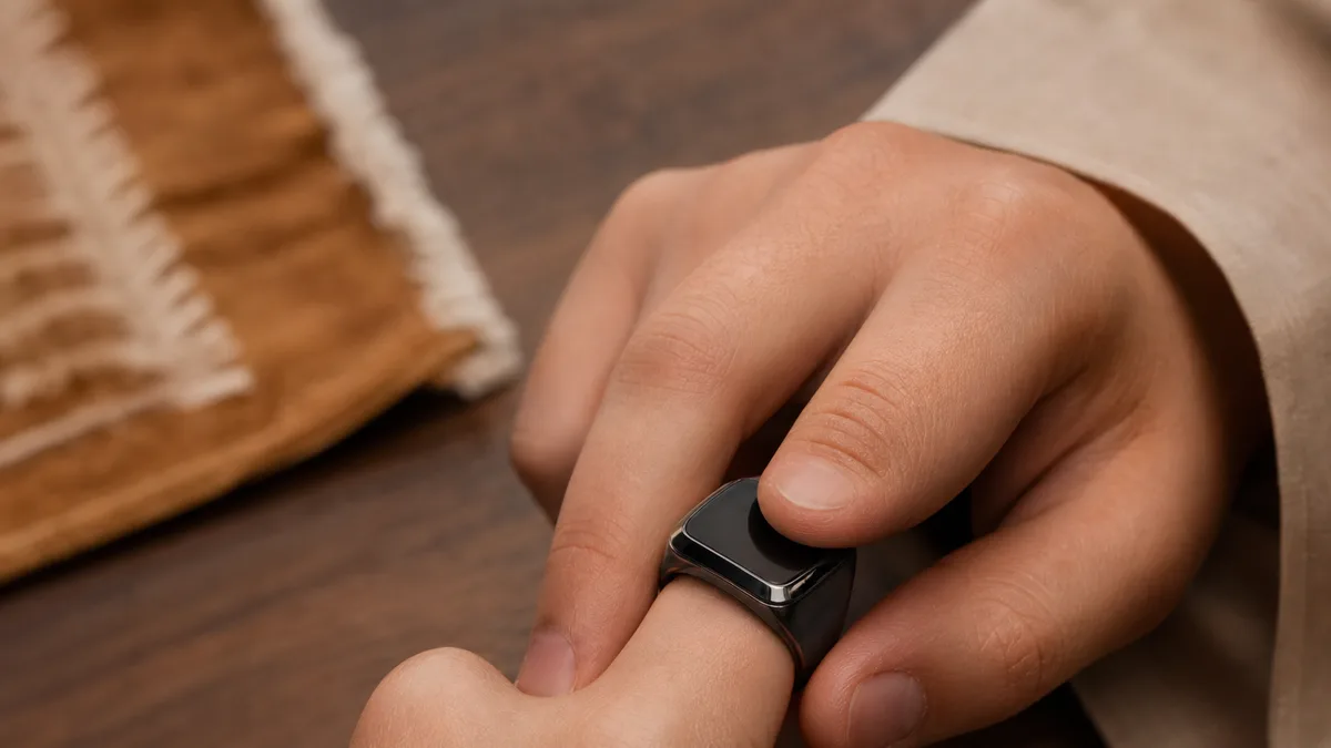 Finger gently pressing a blank-screen dhikr ring for one deliberate count
