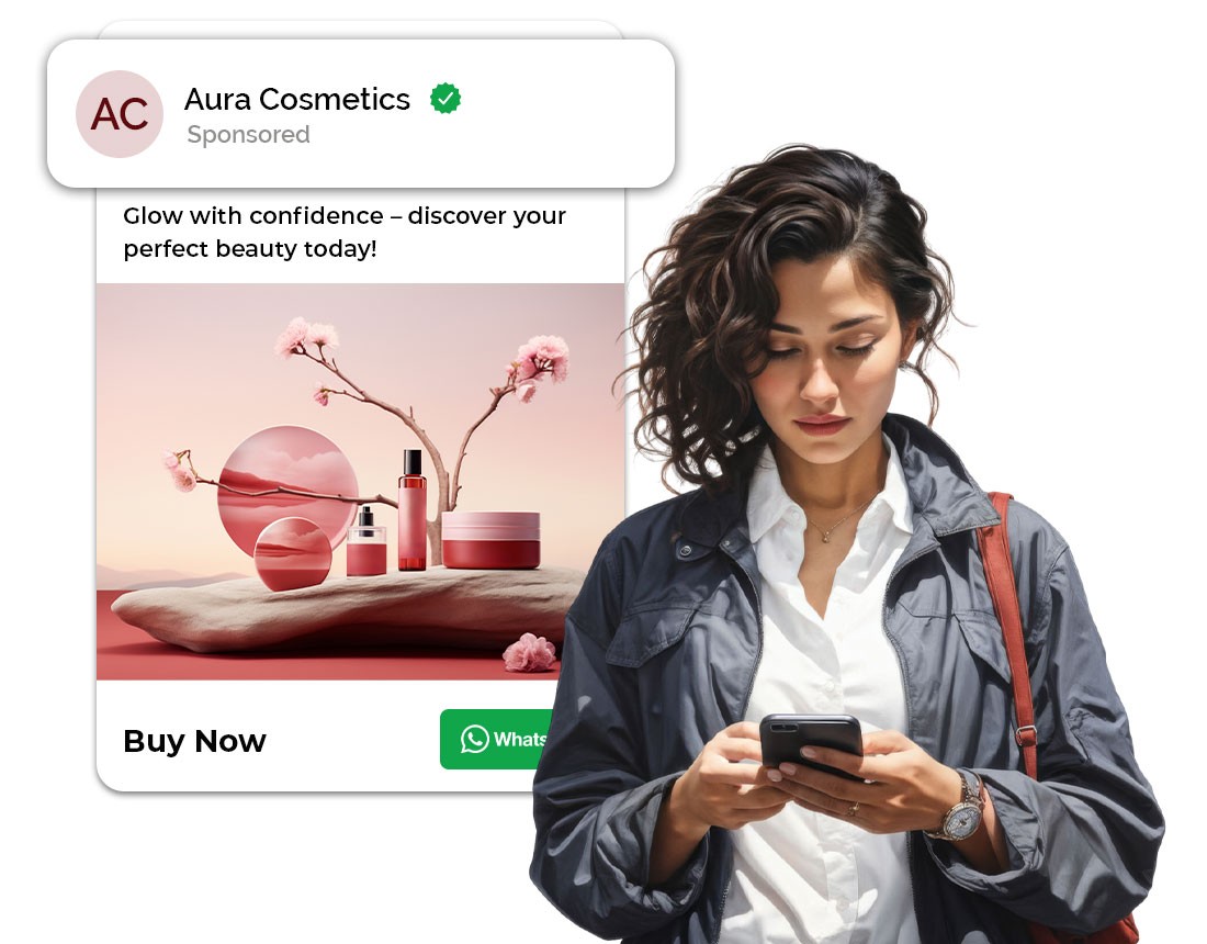 An AI generated image of a beautifull woman looking into smartphone viewing a marketing message delivered using Wapiio