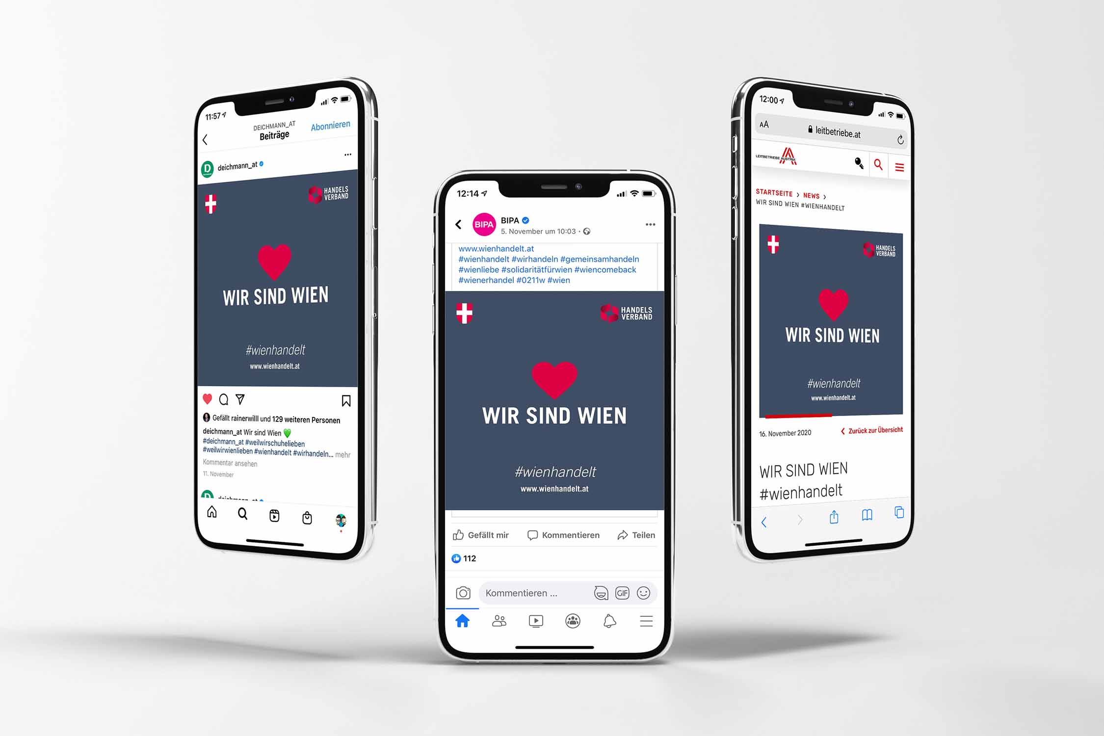 Social Media Ansicht der Wir sind Wien Kampagne auf mehreren Smartphones. Gestaltung einer emotionalen Kampagne zur Stärkung von Zusammenhalt und regionaler Identität im Handel