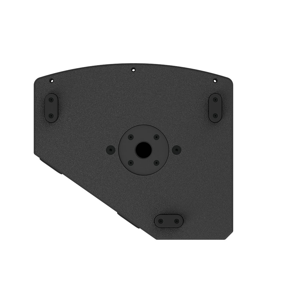 Speaker pole mount fitting on a textured black speaker