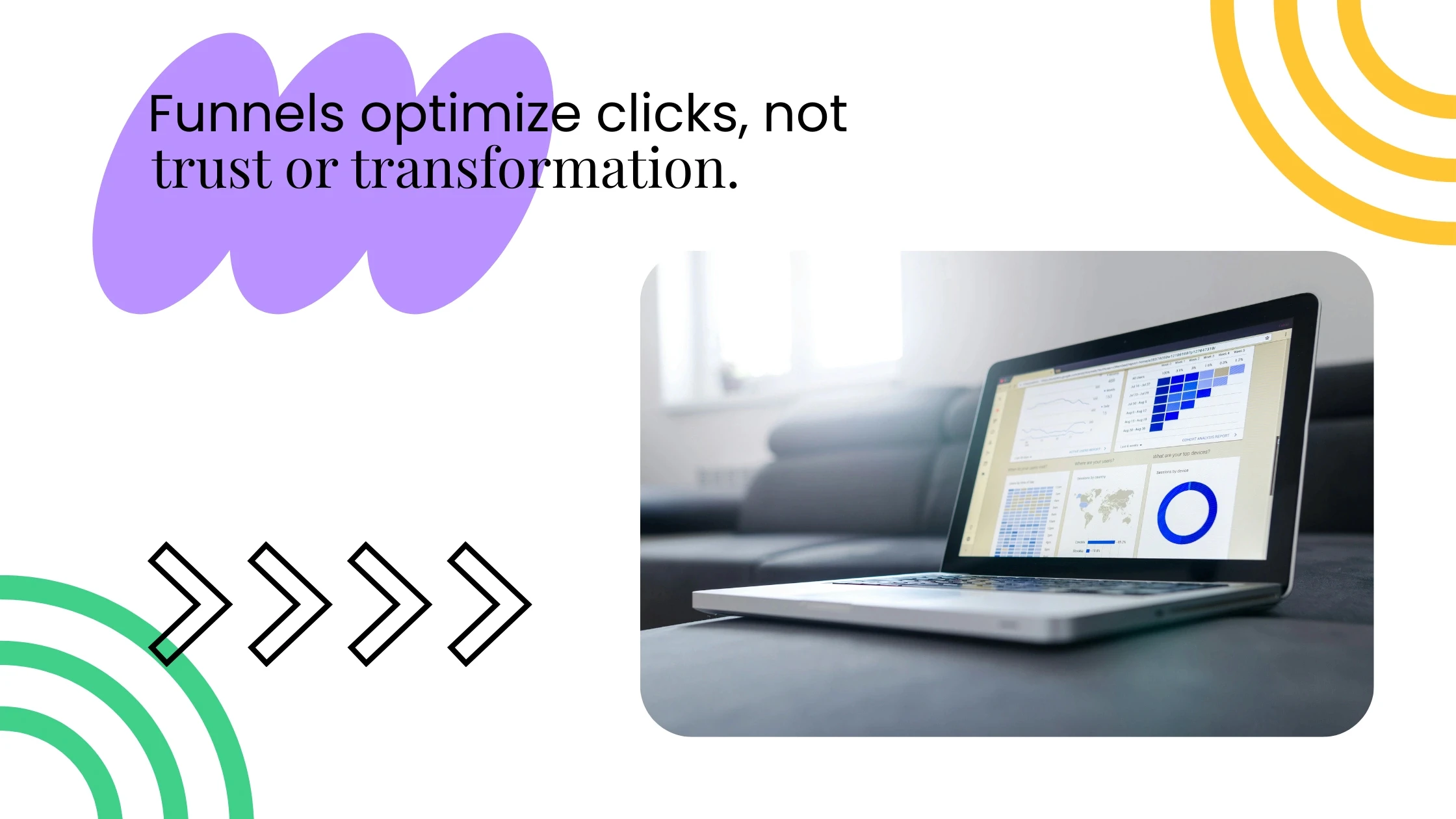 Laptop on a desk displaying analytics, alongside text comparing traditional funnels with trust and transformation.