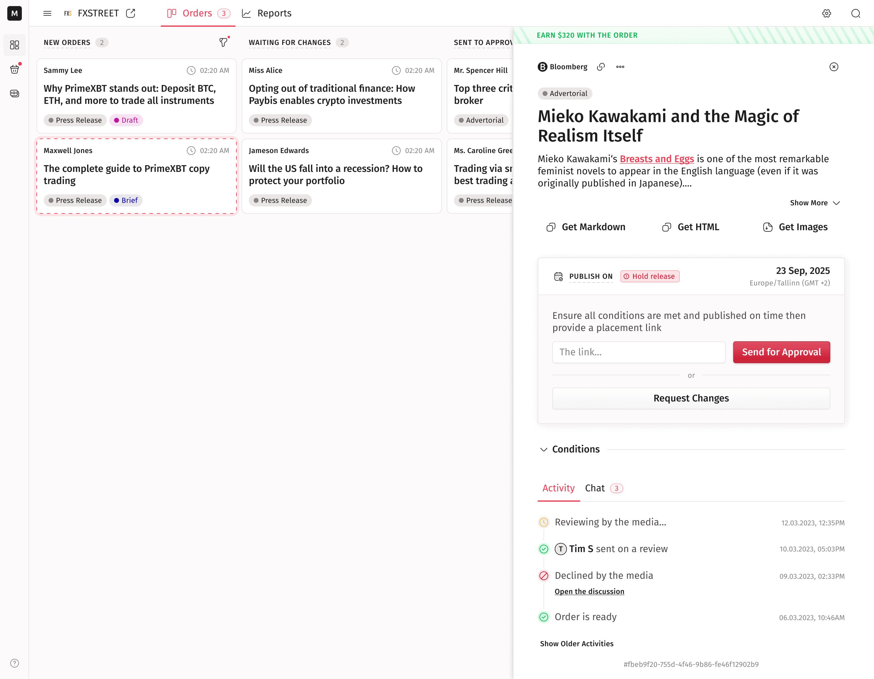 The campaign board interface with placement orders