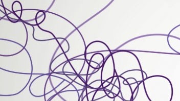 The image displays a collection of thin, curved purple lines against a light gray background. The lines vary in thickness and create a sense of movement and randomness across the image. Some lines overlap, while others form loose, irregular shapes. The lines are not uniformly straight or curved, adding to the dynamic and somewhat chaotic appearance of the design. The light gray background provides a neutral backdrop that allows the purple lines to be the focal point of the image. No text or other objects are present in the image.