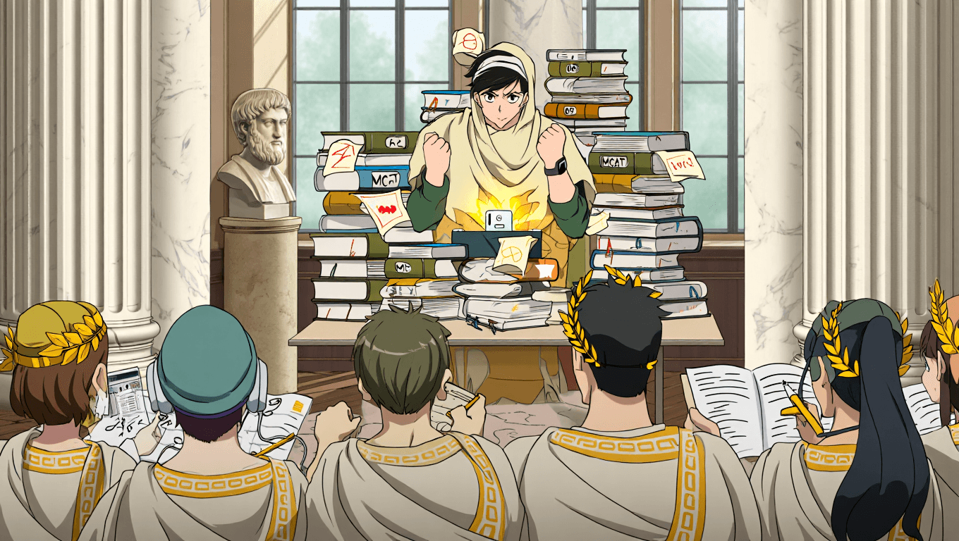 Medical student facing a mountain of MCAT prep books in a neoclassical library, smartphone glowing with golden sparks