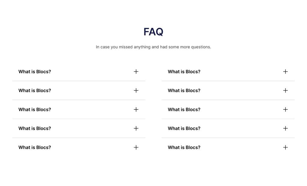 an faq section with 2 columns of faq accordions