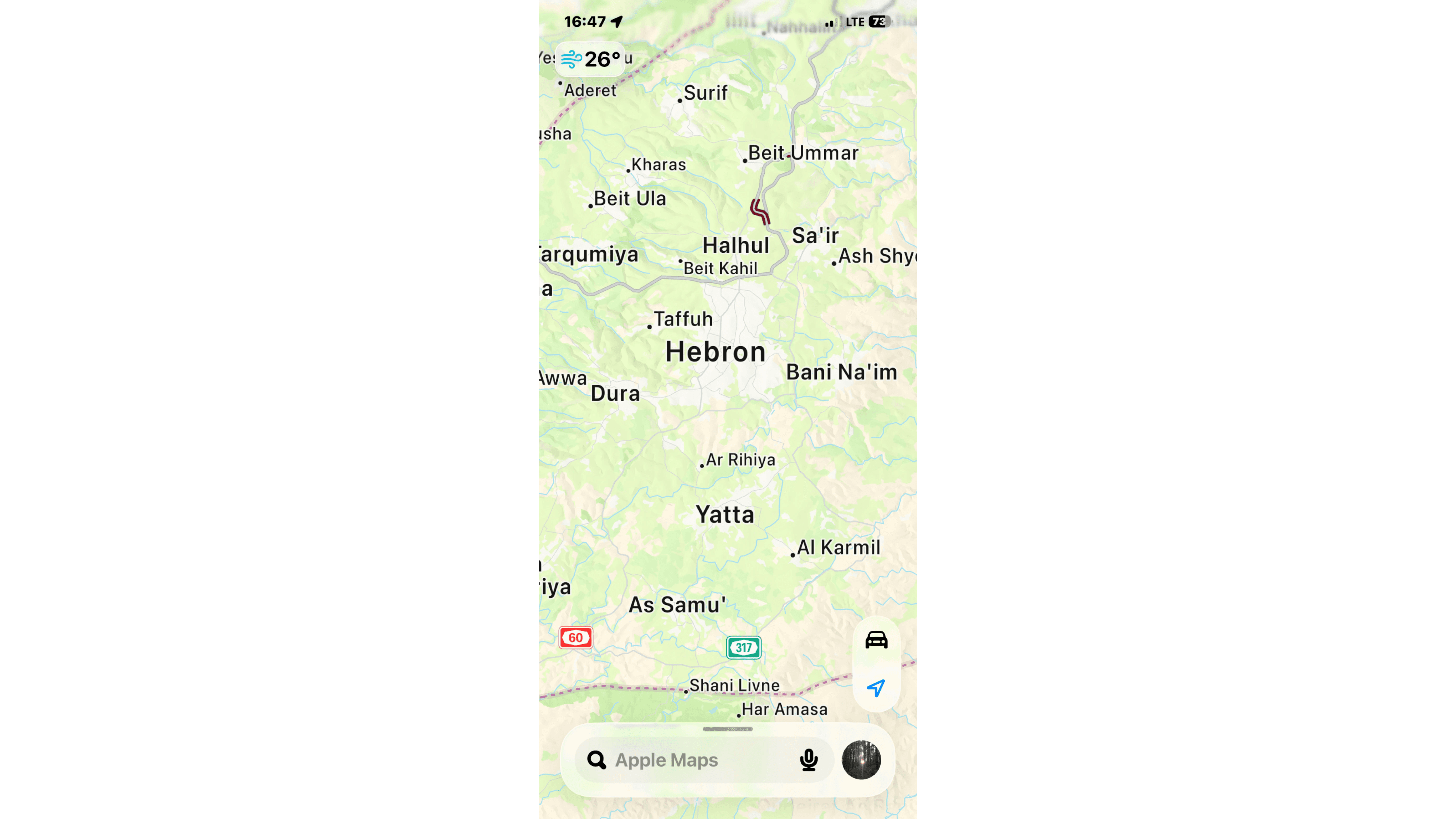 This Apple Maps screenshot shows Jewish towns in Judea, including Aderet and Har Amasa, near the so-called ‘Green Line.’ Credit: Screenshot/Apple Maps.