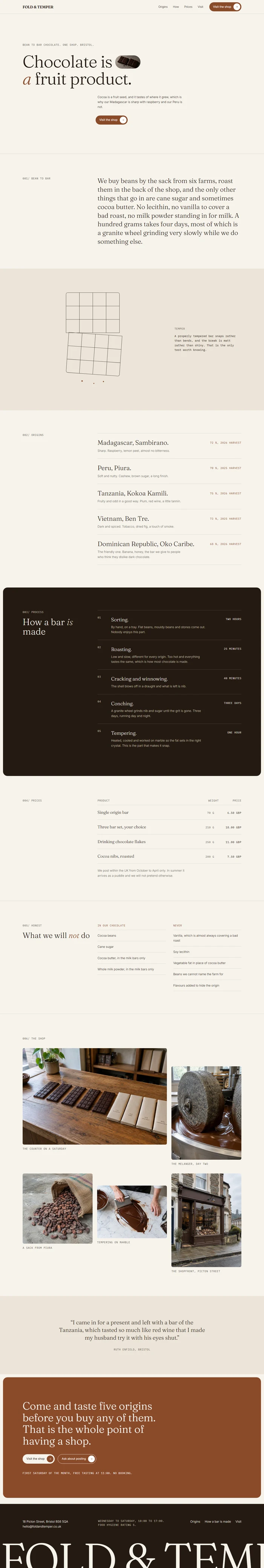 Full page of an AI-generated chocolate shop website with an inline photo hero, bean to bar statement, line drawn snapping chocolate bar, five cocoa origins, dark process panel, ruled price table, ingredients index, shop photo grid, customer quote, umber visit panel and dark footer