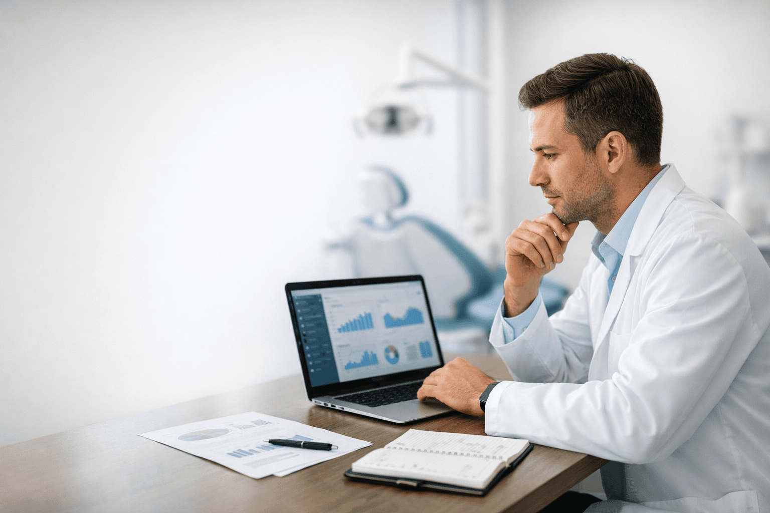 dentista analisando métricas na clínica odontológica