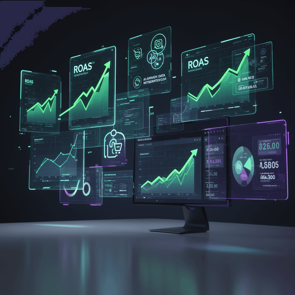 Dashboard de performance de tráfego pago para e-commerce exibindo métricas de ROAS e lucro em 2026