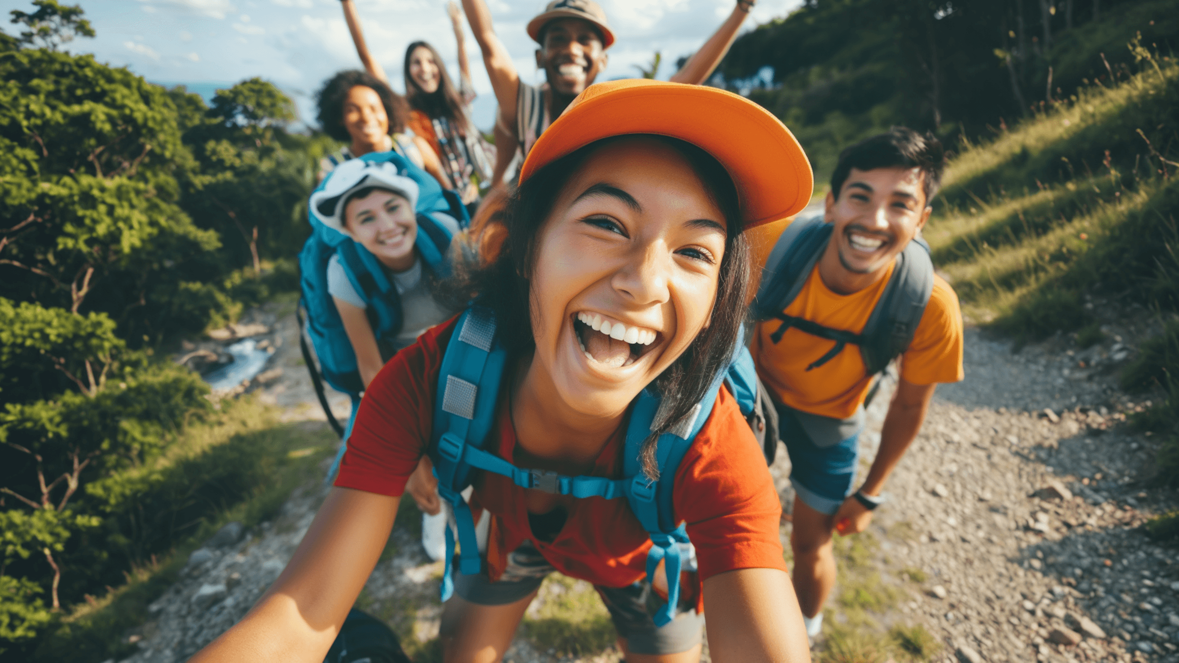 Group of friends taking a selfie on a hiking trail
