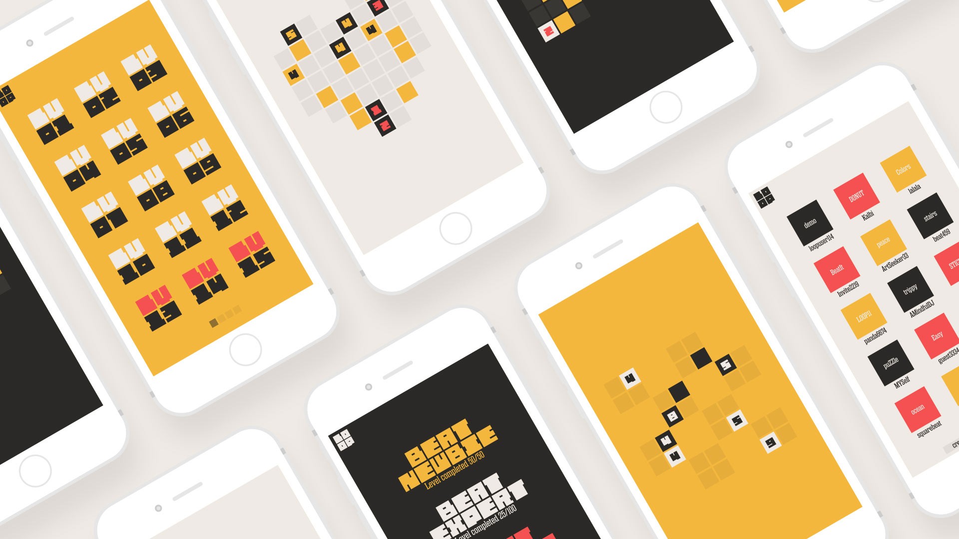 Six smartphones are arranged on a white surface, each displaying a yellow and black grid of colored squares. The phones showcase different apps, including “Bert Meutje,” “Kalmijn,” “Archedek,” “Mobility,” “Easy,” and “Sensational.”