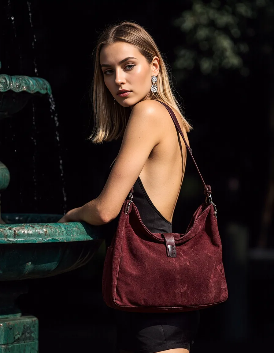 Stylish portrait featuring a model in black attire with statement earrings and a burgundy suede handbag against a dark background with teal elements.